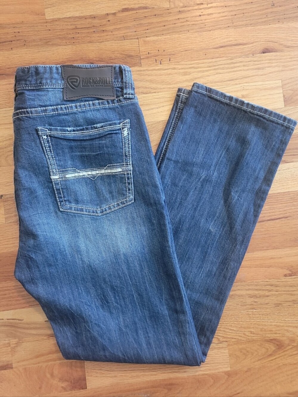 Rock & Roll Denim Jean's  Men's 38x34 Slim Straight Blue Jeans Contrast Stiching